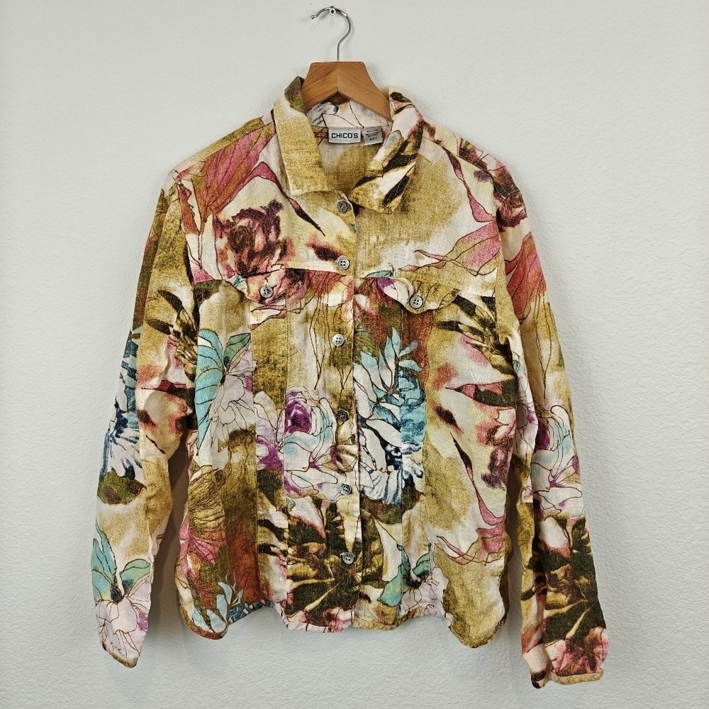 Chico's Vintage 100% Linen Button Up Floral Long Sleeve Shirt Size 2 Women's